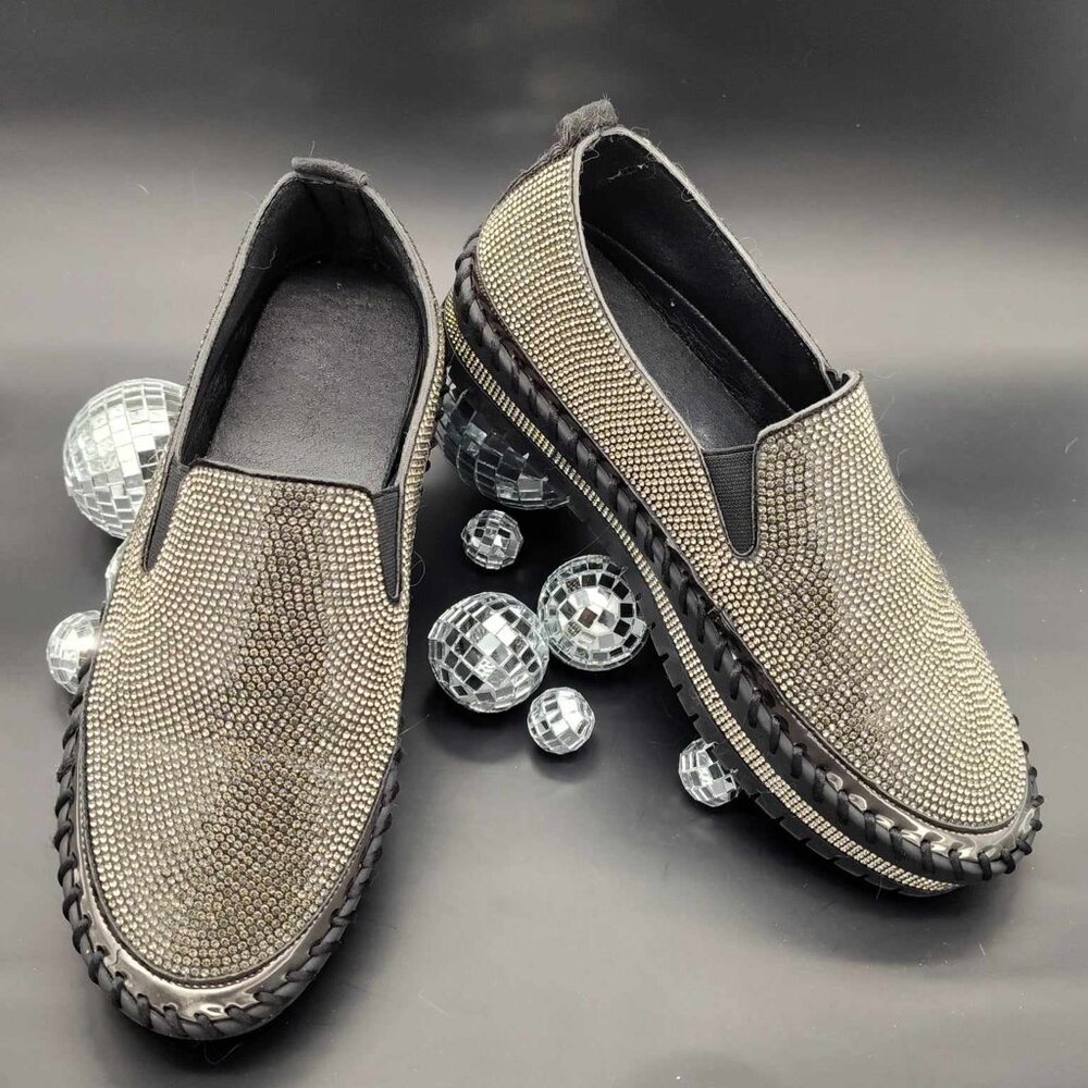 Black & Silver Rhinestone Platform Slip On loafers, size 8